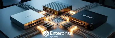 Four networking switches connected by glowing ethernet cables form a square on a table. Logos of Cisco and Juniper are visible, with the text "Enterprise by rConfig" below.
