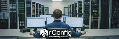 A person in a blue shirt sits at a desk with three computer monitors in a server room, symbolizing network management. The text "rConfig empowering networks" is visible.
