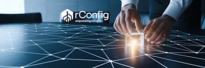 Businessman's hands placing a glowing cube on a black table with a network of connected dots, symbolizing technology and connectivity. Text: "rConfig empowering networks."