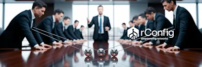 A business meeting with serious men in suits around a table. A leader gestures while a Newton's cradle signifies dynamics. Text reads, "rConfig empowering networks."