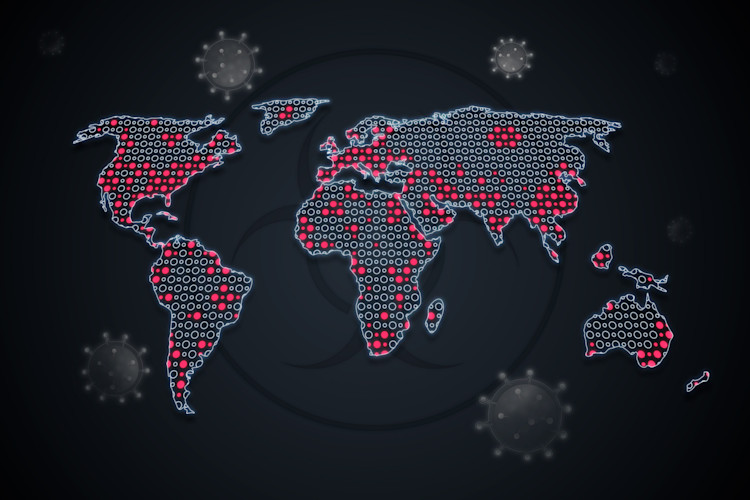 Stylized world map with red dots and circular patterns on continents, symbolizing virus spread. Dark background with faint virus icons, conveying concern.