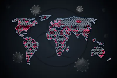Stylized world map with red dots and circular patterns on continents, symbolizing virus spread. Dark background with faint virus icons, conveying concern.