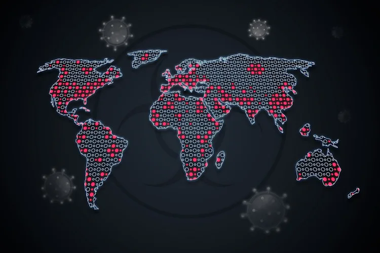 Stylized world map with red dots and circular patterns on continents, symbolizing virus spread. Dark background with faint virus icons, conveying concern.