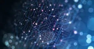 Abstract digital network with interconnected glowing nodes and lines against a dark blue background, representing data or technology concepts.