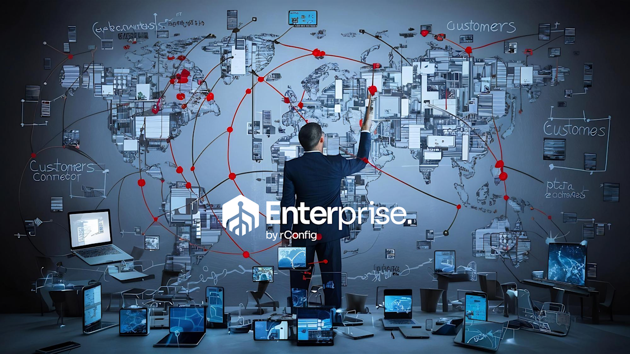 A man in a suit faces a digital world map covered in interconnected devices and red nodes, symbolizing global enterprise connectivity. Blue tones dominate.