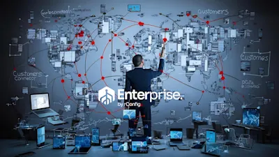 A man in a suit faces a digital world map covered in interconnected devices and red nodes, symbolizing global enterprise connectivity. Blue tones dominate.