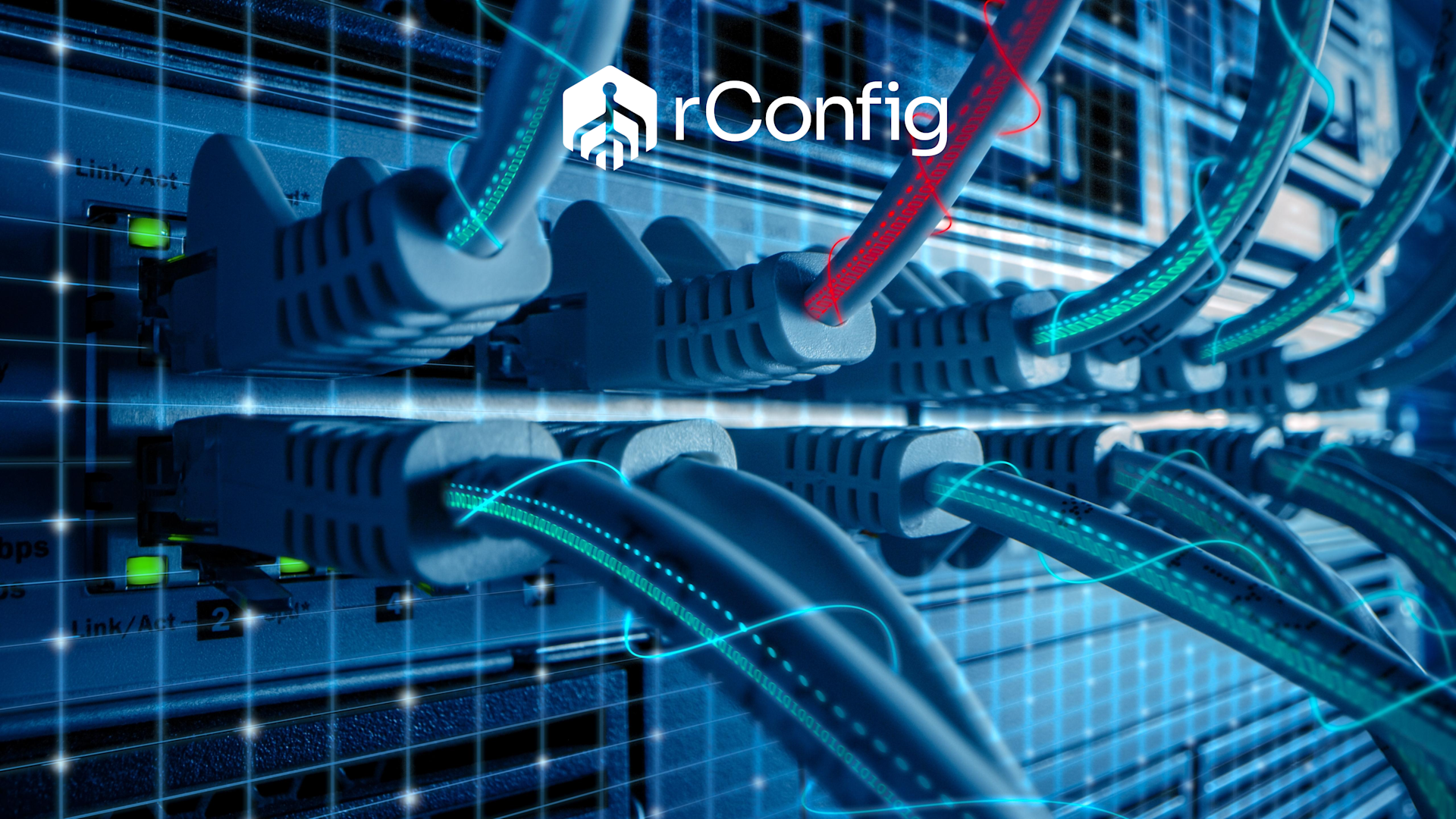 Close-up of network cables connected to a server, glowing blue lines imply data flow. The text "rConfig" is overlaid, suggesting tech solutions.
