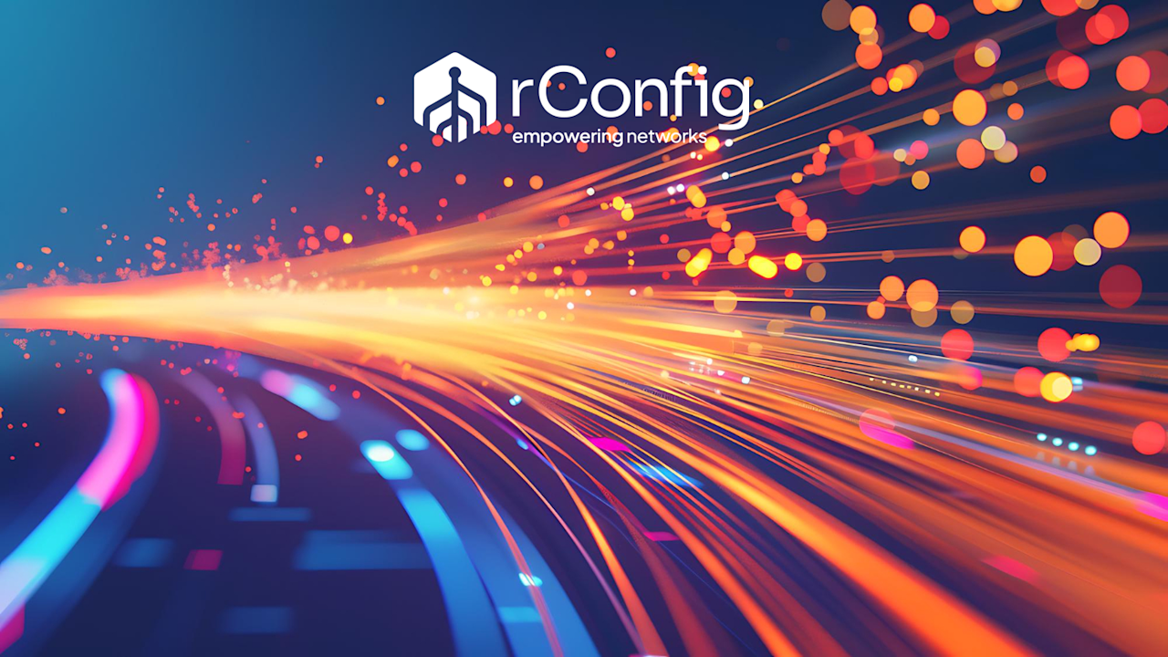 Vibrant digital illustration of colorful streaks and circles against a deep blue background. The rConfig logo, text reads "empowering networks." Energetic and dynamic.