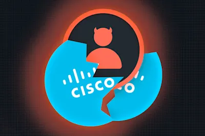 image of a brokwn cisco logo with a cve bug in the middle