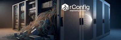 Chaotic server room with tangled cables on the left, contrasted with organized, sleek server cabinets on the right. The image features the rConfig logo.