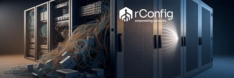 Chaotic server room with tangled cables on the left, contrasted with organized, sleek server cabinets on the right. The image features the rConfig logo.