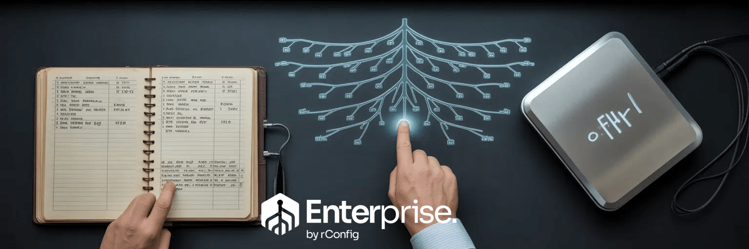 A person touches a digital interface with a network diagram projected on a desk, next to an open notebook and an electronic device. The word "Enterprise" is visible.
