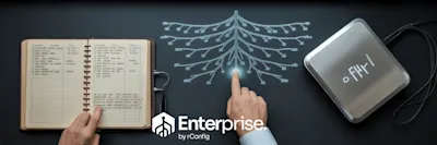 A person touches a digital interface with a network diagram projected on a desk, next to an open notebook and an electronic device. The word "Enterprise" is visible.