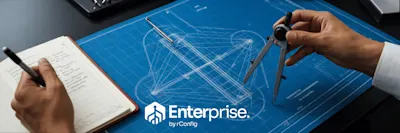 Person drawing a geometric design on a blueprint with a compass, notebook in hand, conveying precision and planning. Text reads "Enterprise by rConfig."