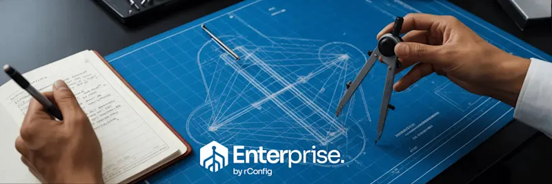 Person drawing a geometric design on a blueprint with a compass, notebook in hand, conveying precision and planning. Text reads "Enterprise by rConfig."
