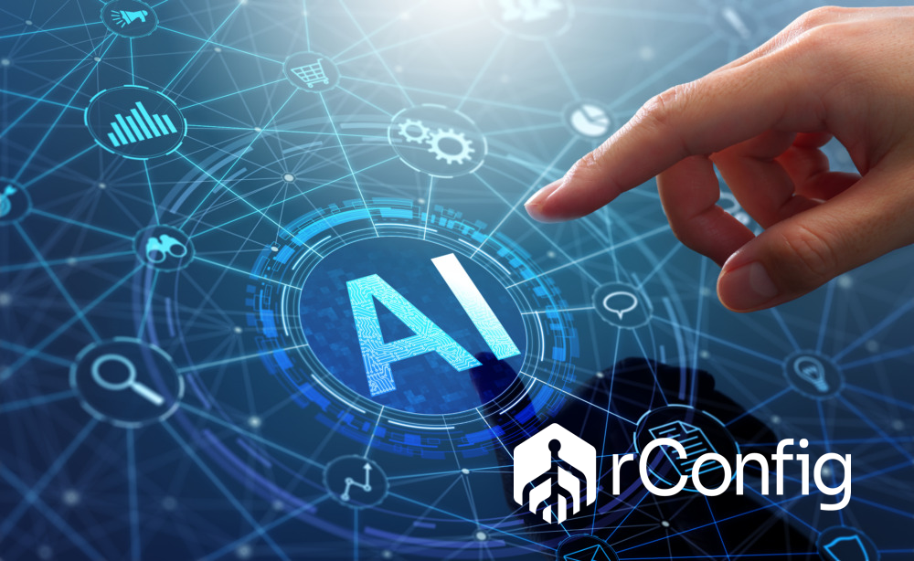 A hand reaches towards a digital network with a central "AI" symbol surrounded by icons and nodes, conveying advanced technology and connectivity, with "rConfig" text below.
