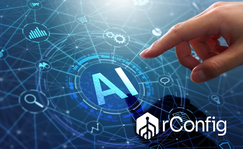 A hand reaches towards a digital network with a central "AI" symbol surrounded by icons and nodes, conveying advanced technology and connectivity, with "rConfig" text below.
