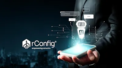 A person in a suit holds a glowing smartphone with AI chatbot icons and digital connections. The text "rConfig empowering networks" is on the side, with a futuristic tone.