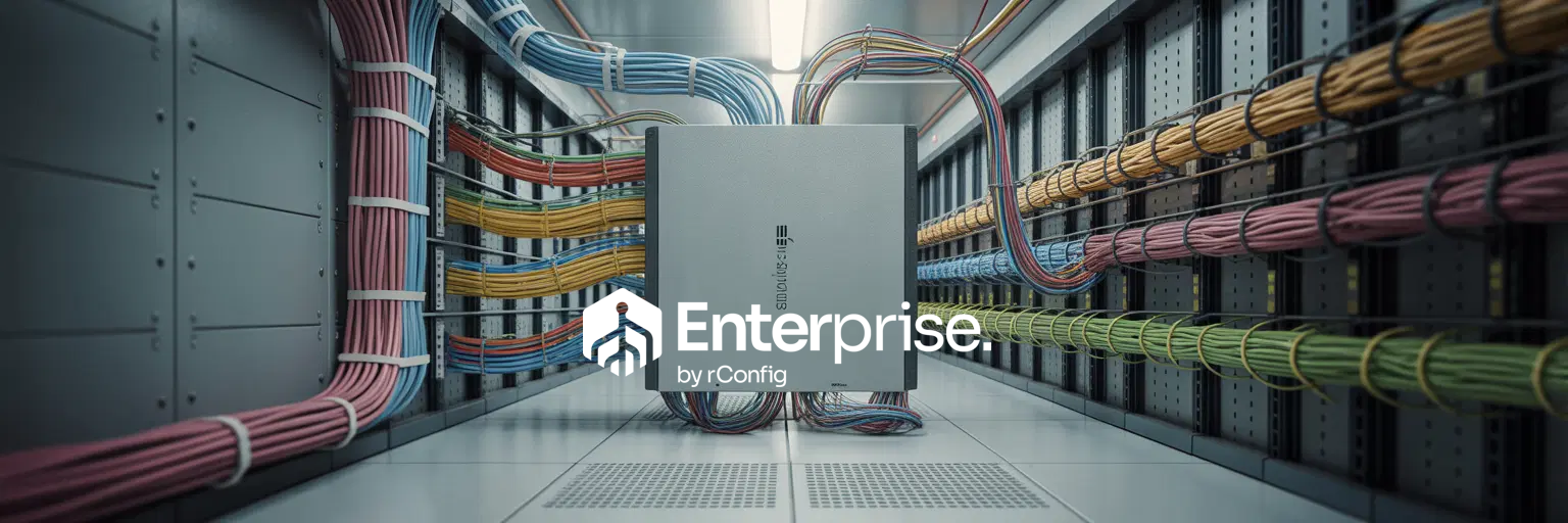 A server room with organized, color-coded cables connected to a central server. Text reads "Enterprise by Config," conveying a professional tech environment.
