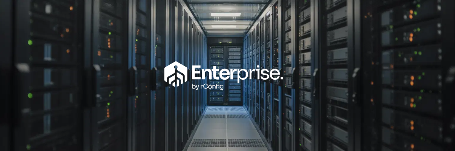 A dimly lit data center aisle with rows of server racks on both sides. 'Enterprise by rConfig' logo overlays the center, implying technology focus.