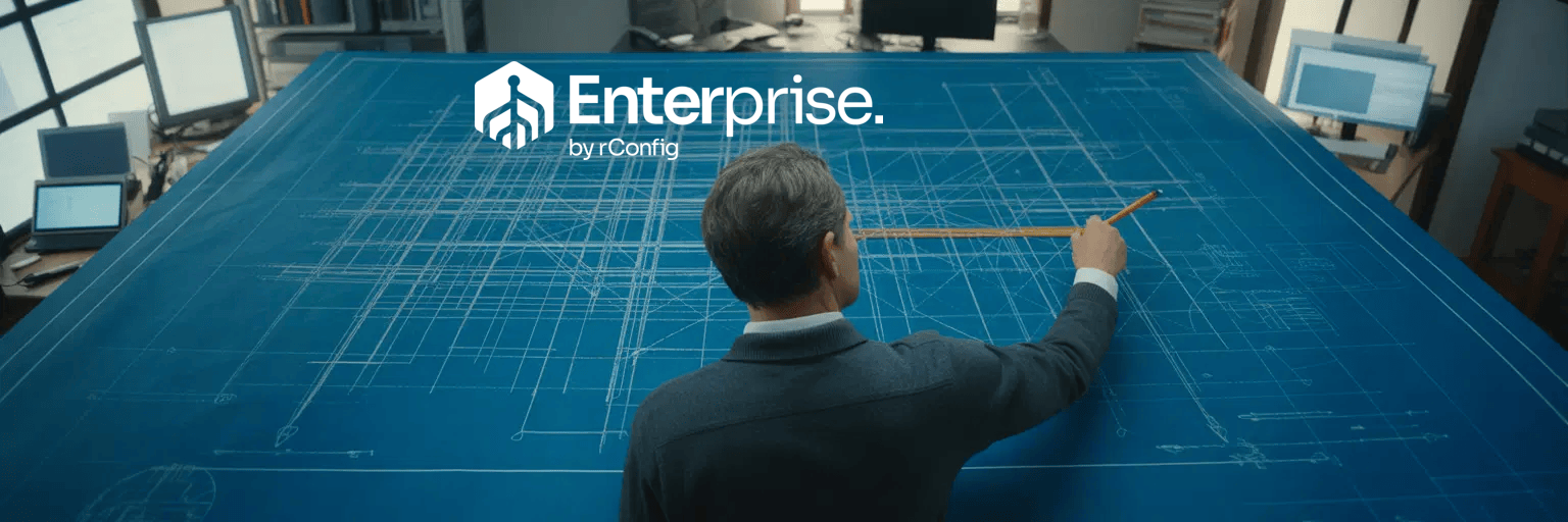 Man in a suit holds a pencil, sketching on an oversized architectural blueprint in a modern office. Several screens are in the background. Brand logo "Enterprise by Config" is at the top.