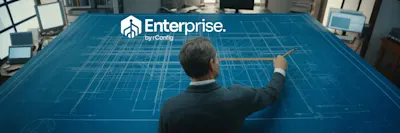 Man in a suit holds a pencil, sketching on an oversized architectural blueprint in a modern office. Several screens are in the background. Brand logo "Enterprise by Config" is at the top.