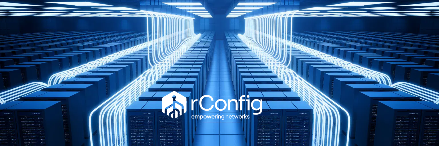 A futuristic data center with glowing blue cables connecting rows of servers. The rConfig logo and text "empowering networks" overlay the image, evoking innovation.