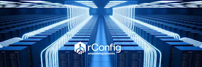 A futuristic data center with glowing blue cables connecting rows of servers. The rConfig logo and text "empowering networks" overlay the image, evoking innovation.