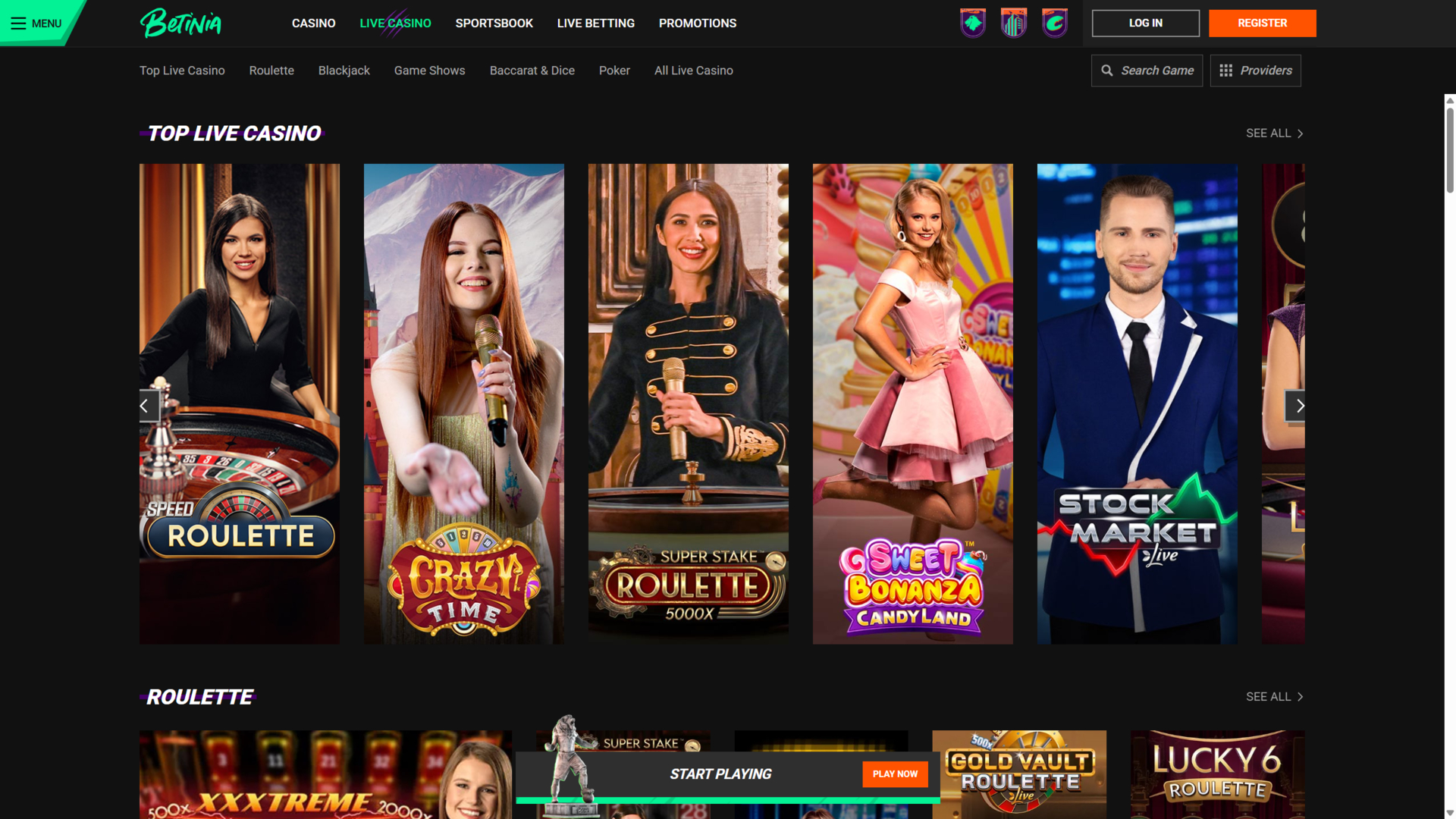 Betinia app interface
