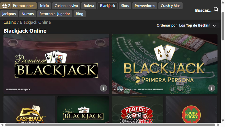 Juego de blackjack en Betfair