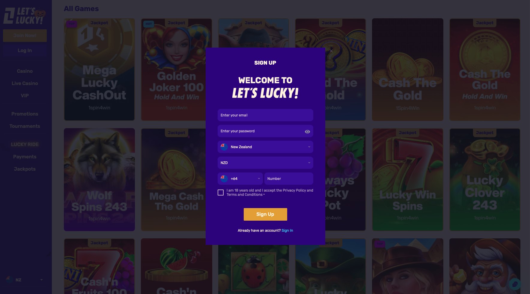Screenshot showing the Lets Lucky registration form fields