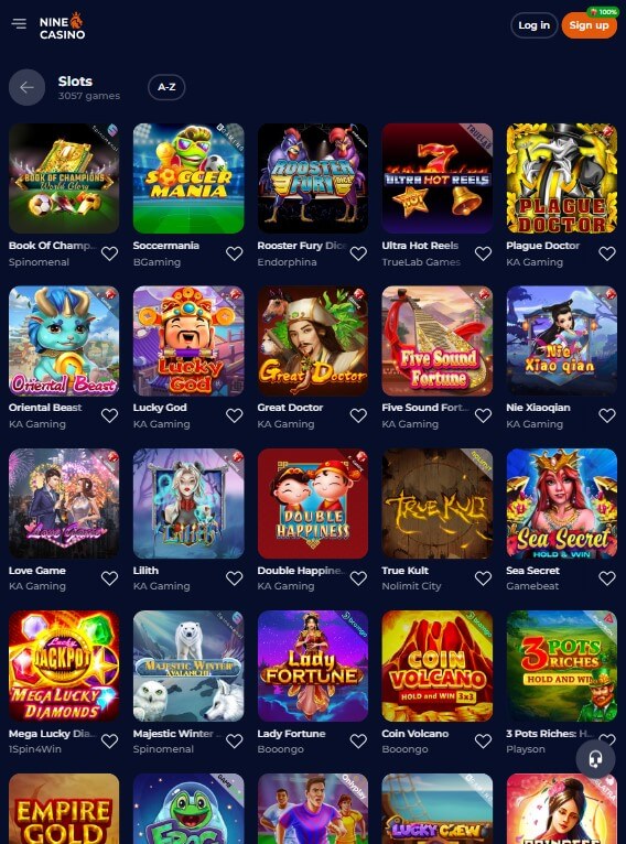Schermata di Nine Casino con slot online