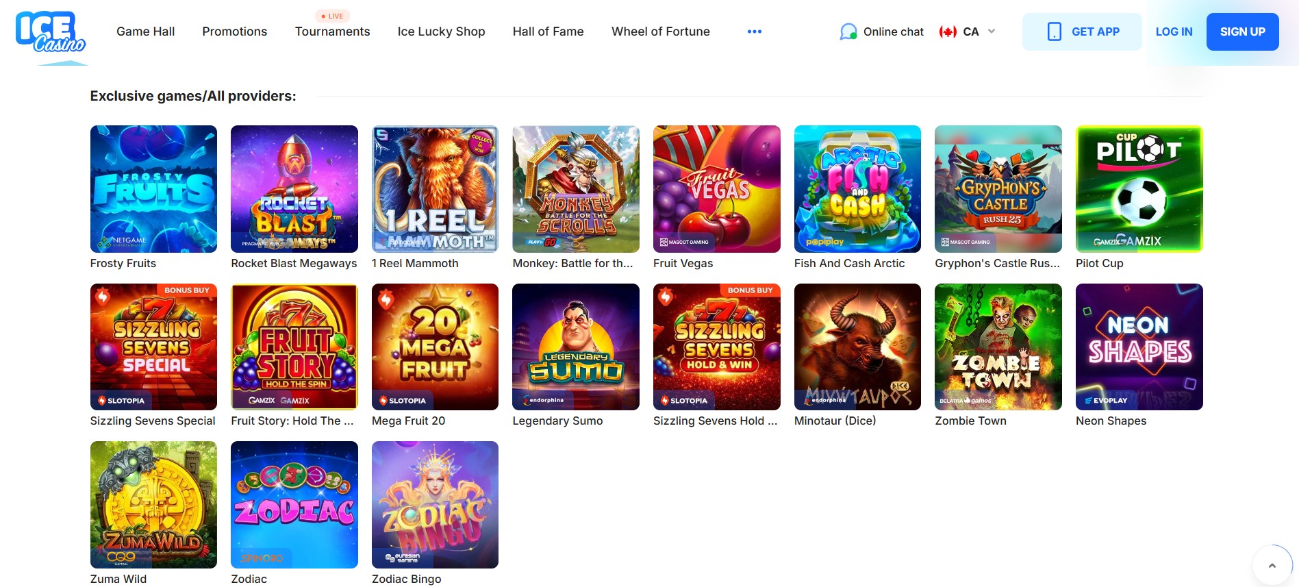 Okno aplikacji Ice Casino