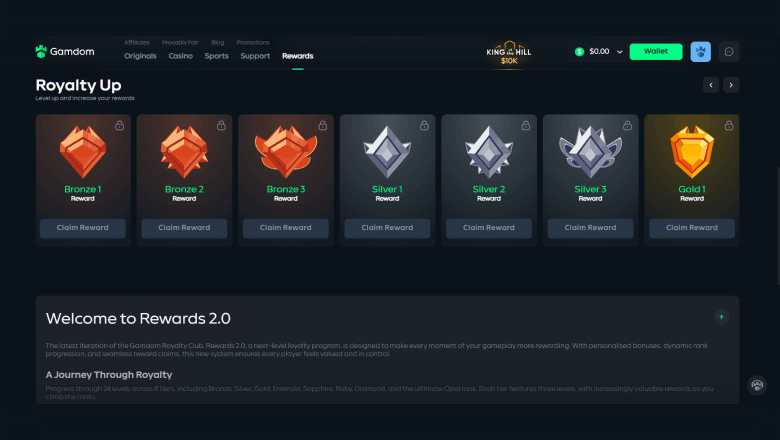 Interfaccia promozionale di Gamdom che mostra bonus e free spins