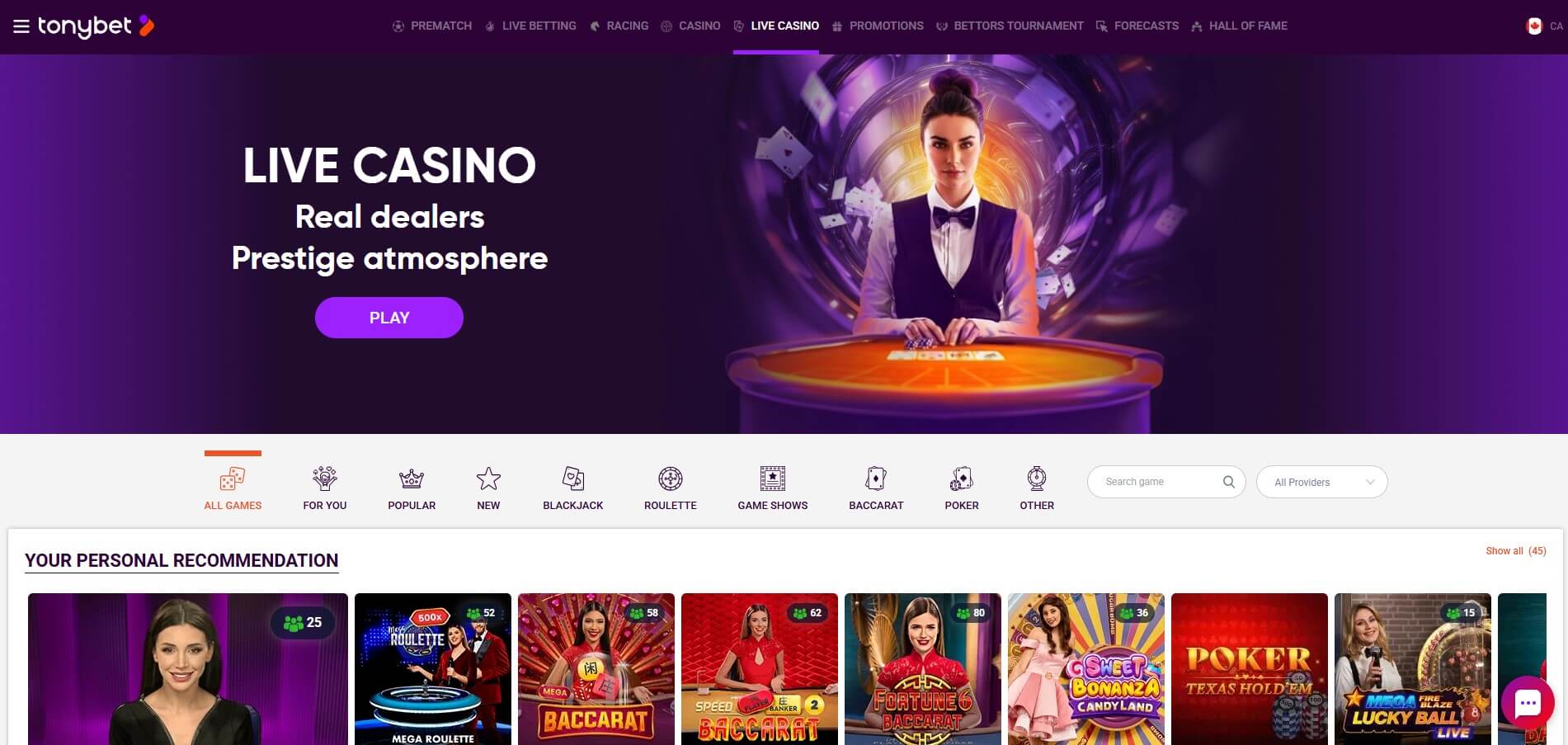TonyBet Casino Live-Spiele