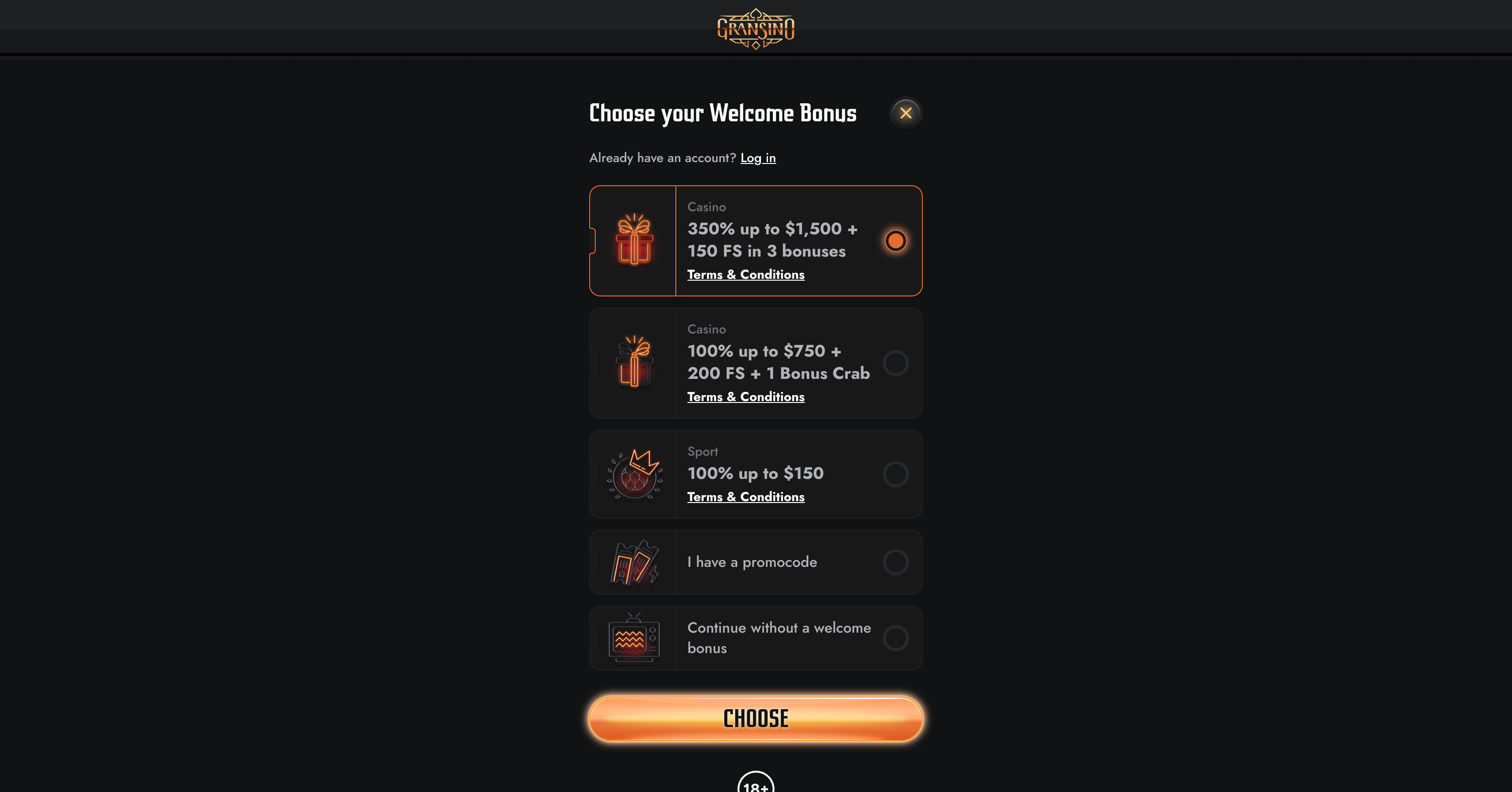 Screenshot of Gransino registration page