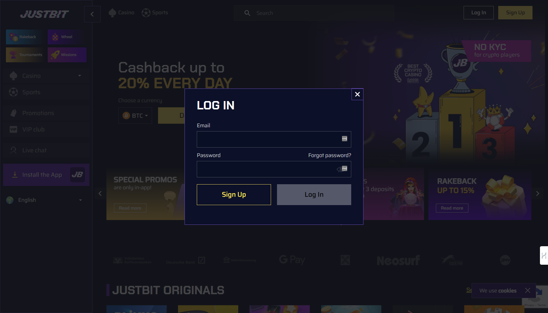 Justbit casino registratie scherm