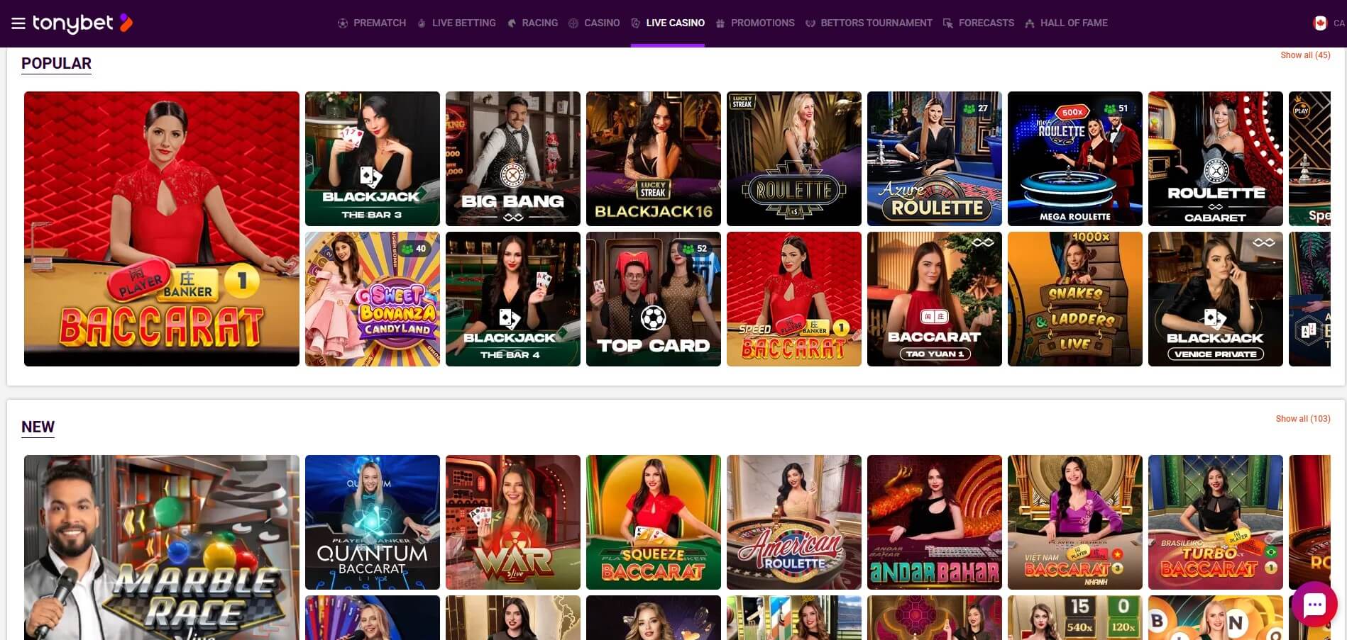 TonyBet Live Casino Spiele