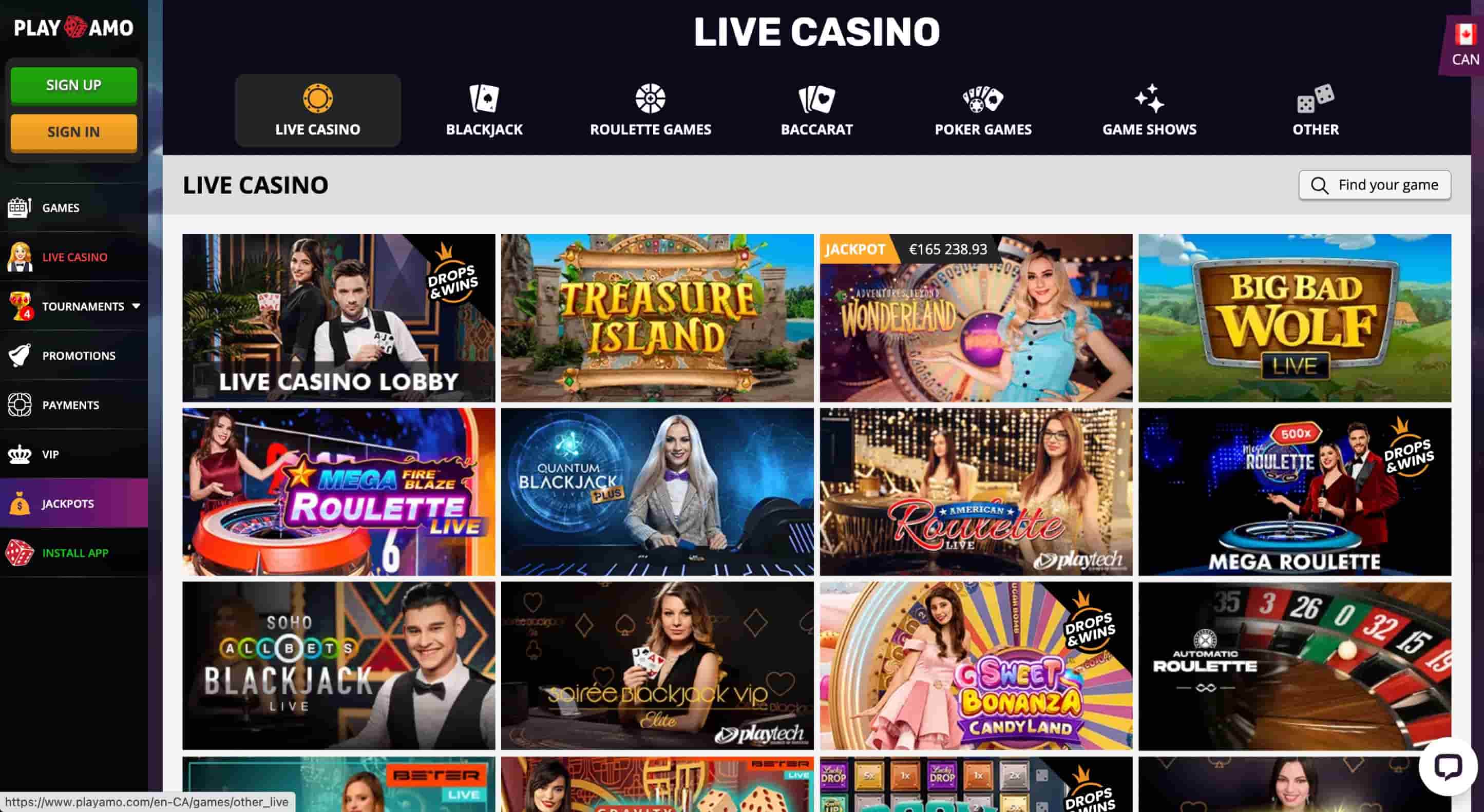 Screenshot of Playamo live casino interface on mobile