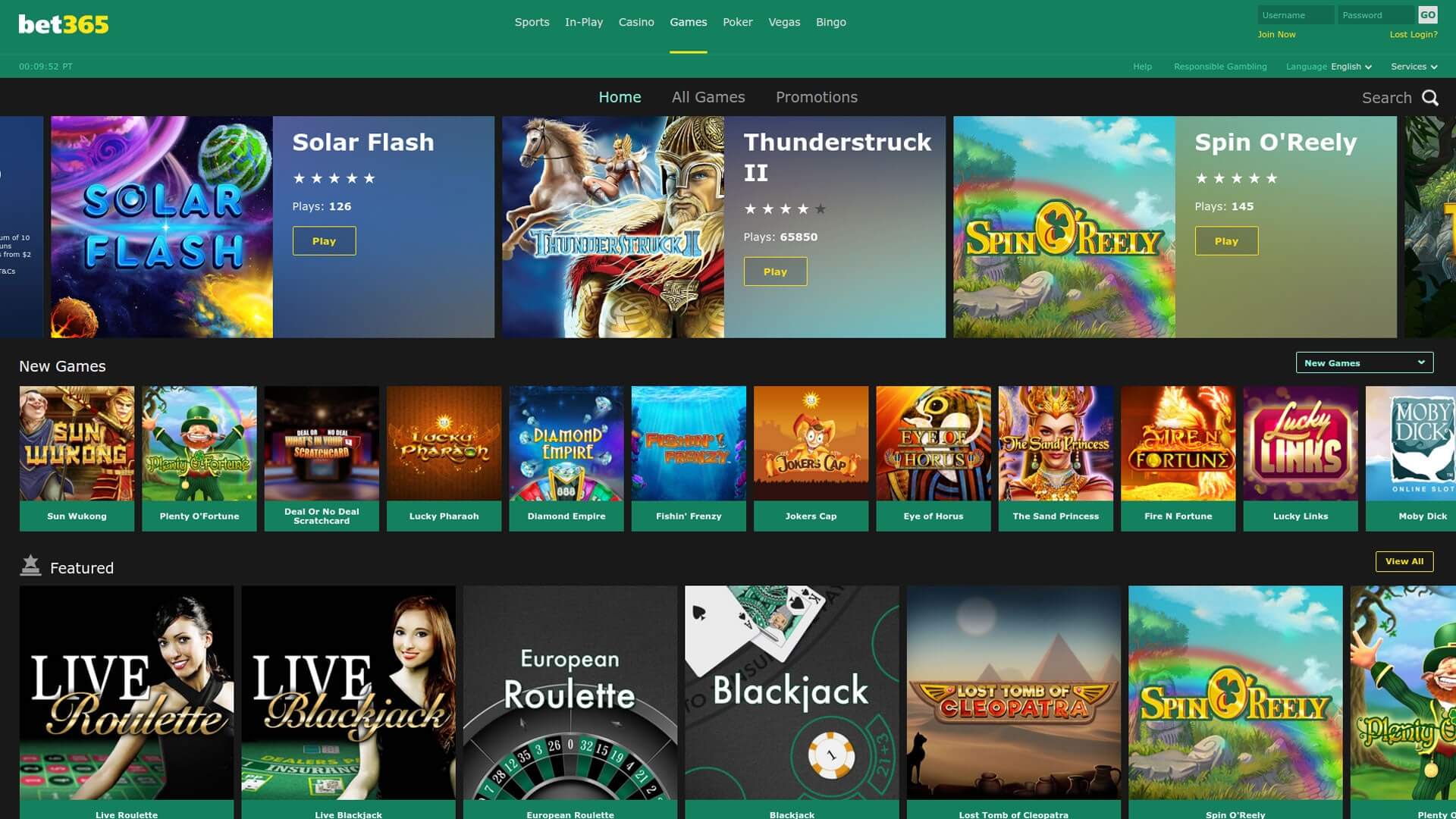 The image shows the game lobby for Bet365 Casino online casino.