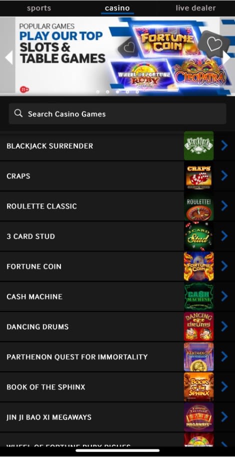 Betway Casino games menu