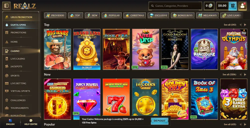 Realz Casinos képernyőkép a játékkínálatról