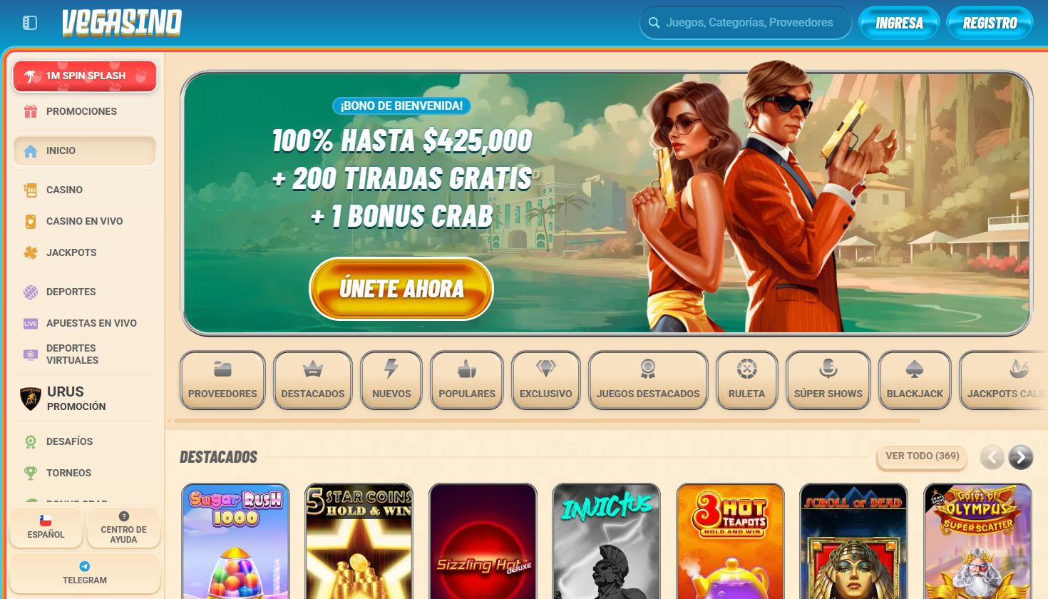 Interface du site Vegasino montrant les promotions en vedette