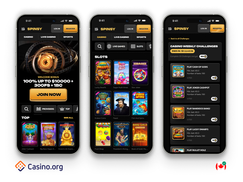 Interface de connexion mobile du Spinsy Casino sur smartphone