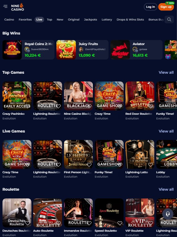 Live dealer games at Nine Casino