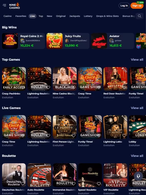 Skutečný snímek Nine Casino: nabídka her s živými dealery a rulety