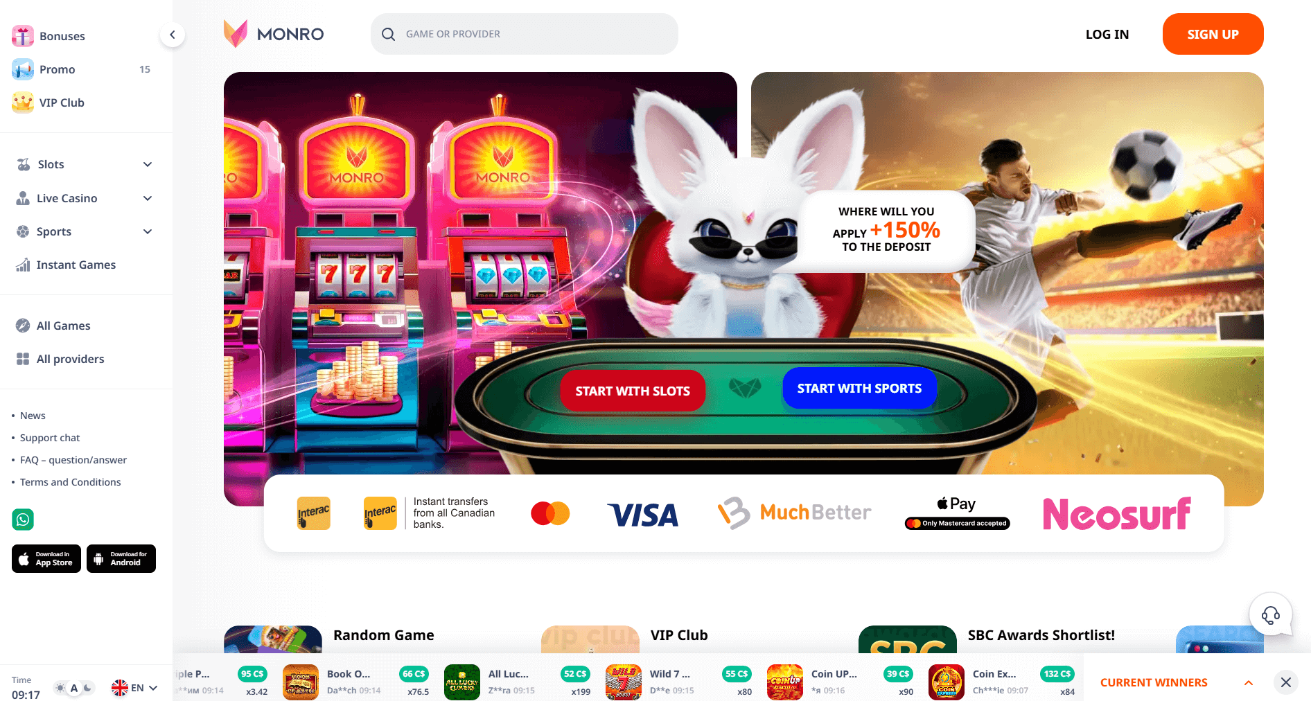 Screenshot der Monro Casino Homepage auf einem Desktop, zeigt das Spielangebot und Promotions