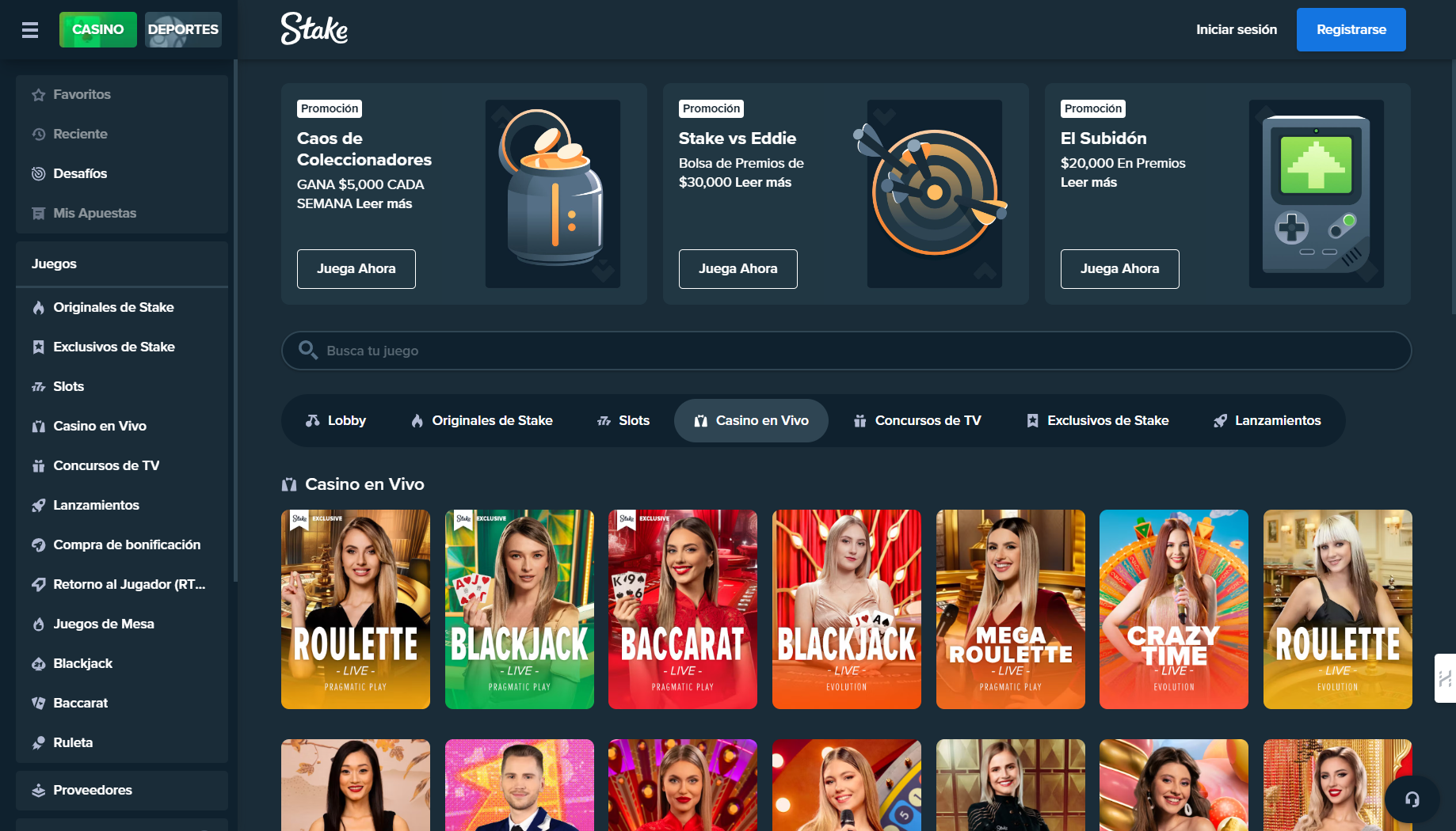 Interface des jeux de casino en direct sur Stake