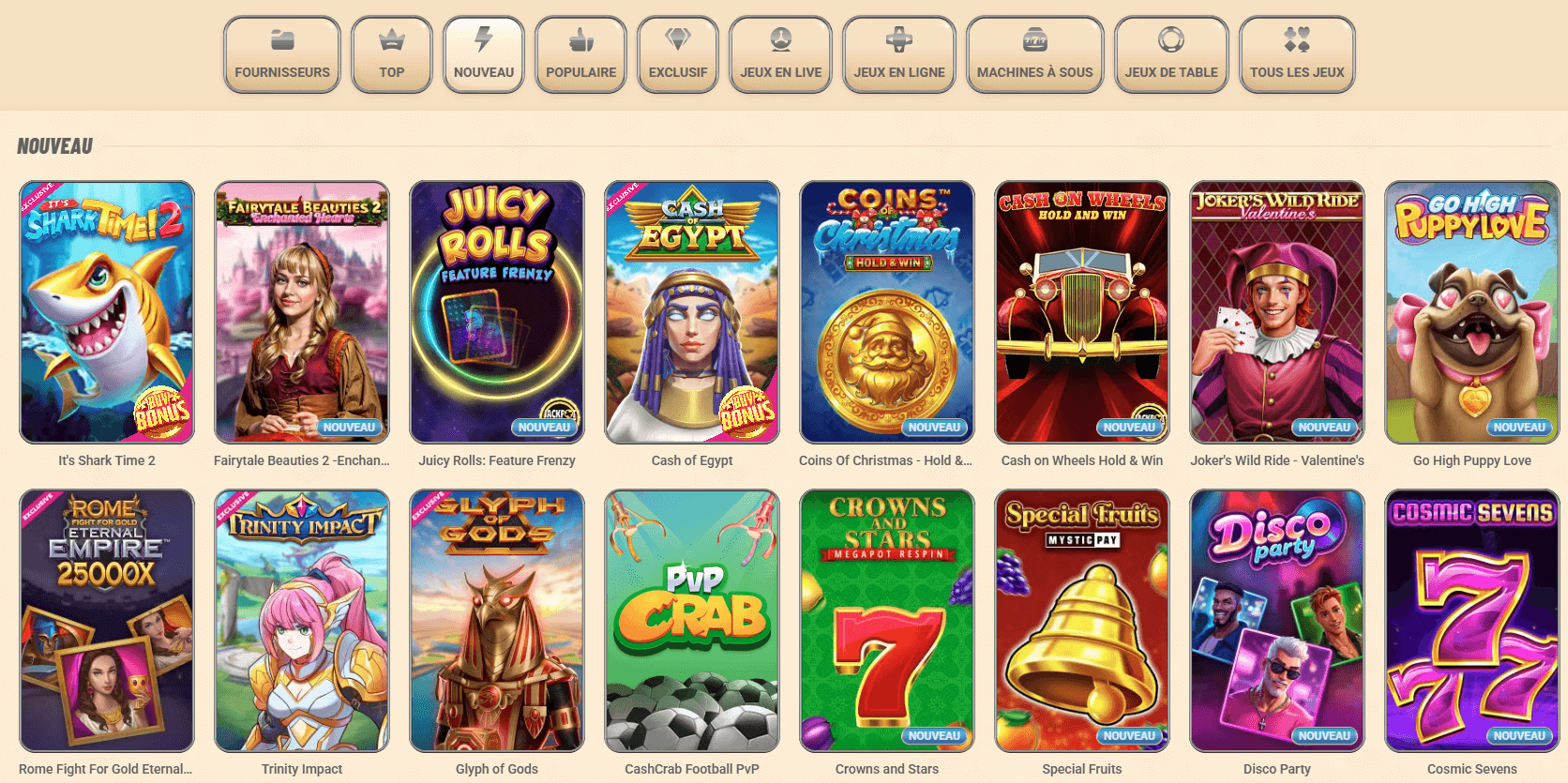 Interface de jeu Vegasino montrant des machines à slots