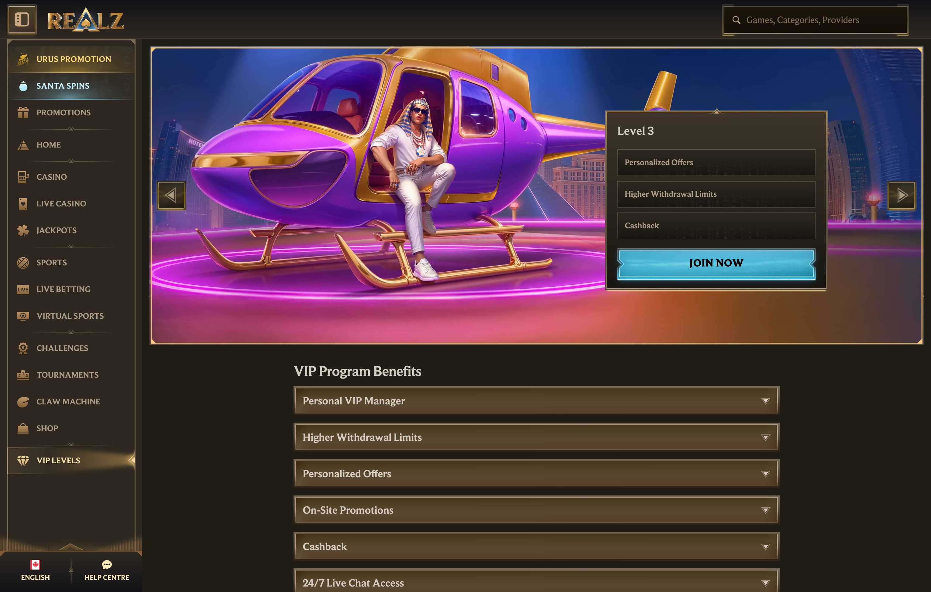 Interfaz del casino Realz mostrando promociones disponibles